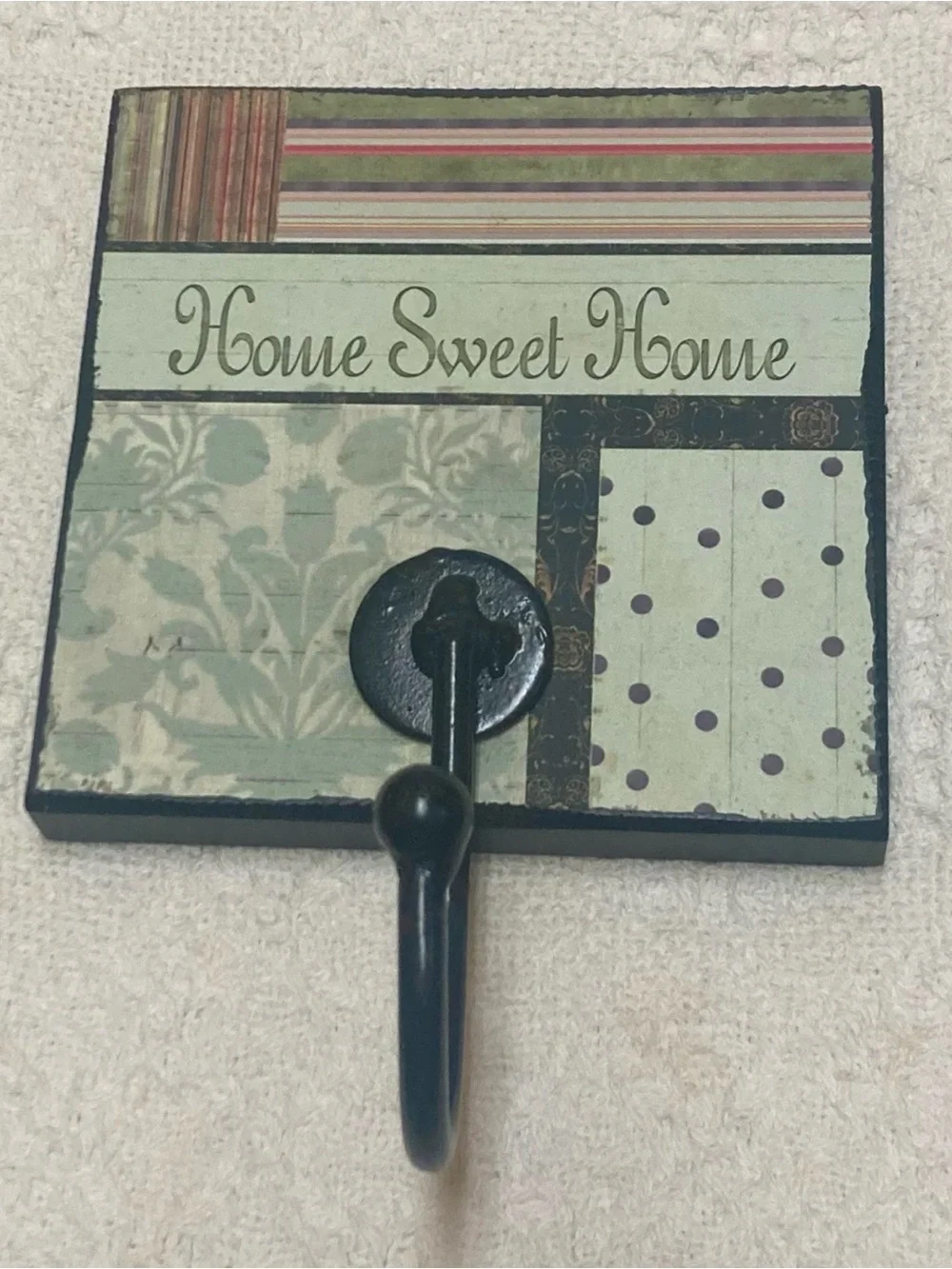 Set of 3 Patchwork Decorative Wall Hooks - Green, Cream & Coral Each 5x5x3/4”